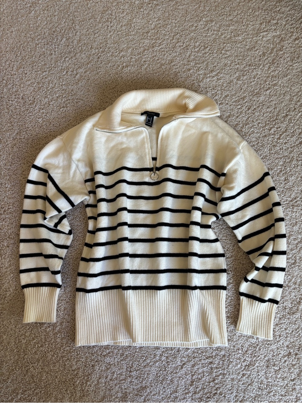 Forever 21 Cream black stripe Half-Zip Ribbed Collar Sweater